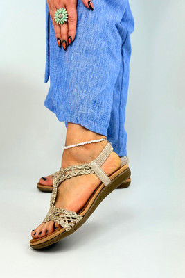 Piękne koronkowe złote sandały płaskie na gumce Artiker