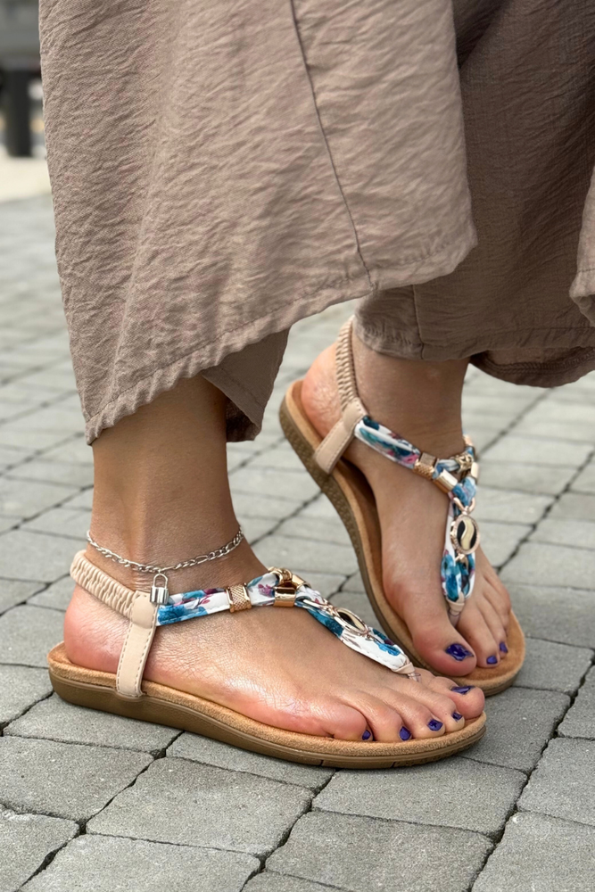 Beżowo niebieskie sandały japonki z ozdobą Artiker