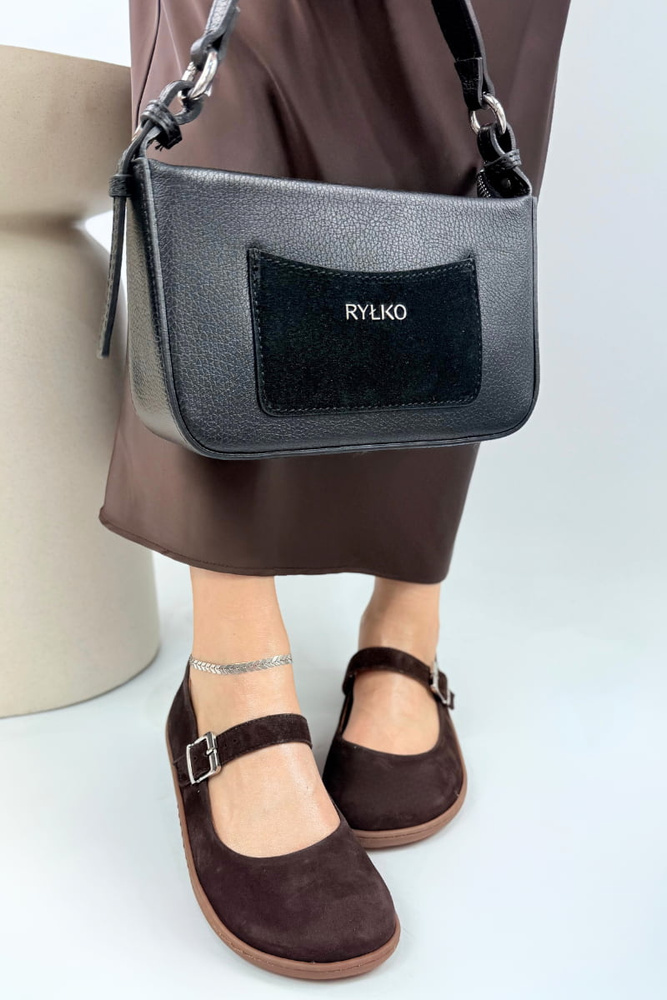 Baleriny damskie skórzane zamszowe z klamrą brązowe