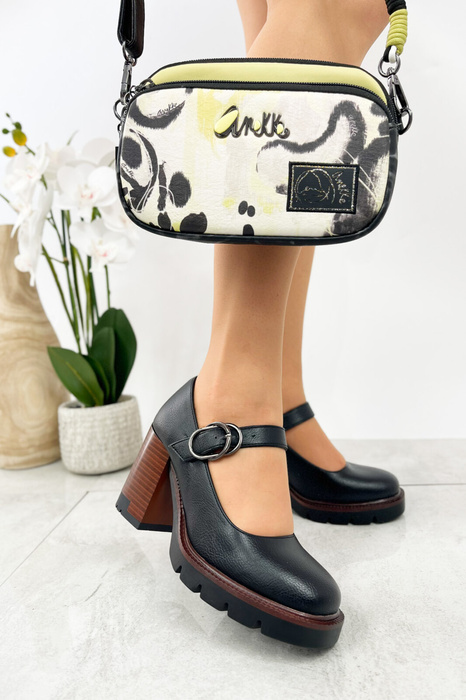 Półbuty czarne damskie na słupku z platformą