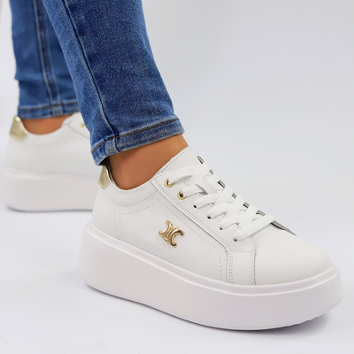 Шкіряні білі кросівки з золотими вставками на платформі Potocki