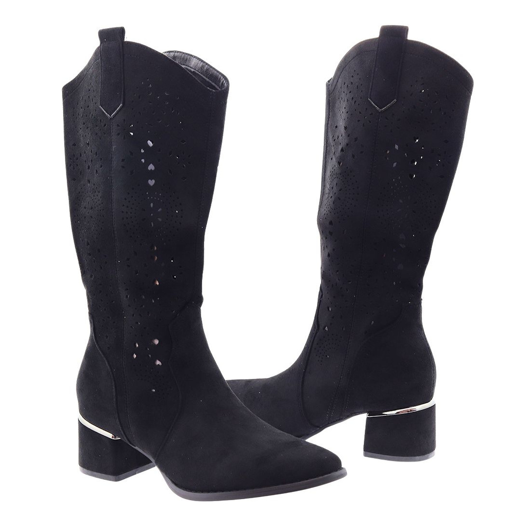 Kozaki czarne zamszowe ażurowe na klocku