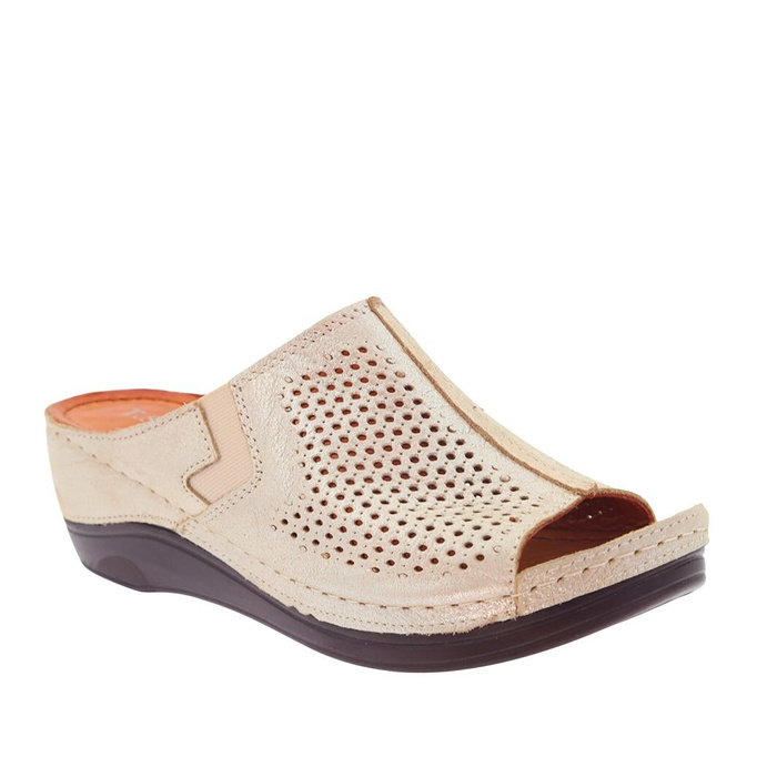 Золоті ажурні шкіряні босоніжки на танкетці від T. Sokolski