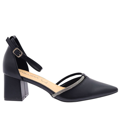 Czarne czółenka damskie na klocku ozdobione cyrkoniami