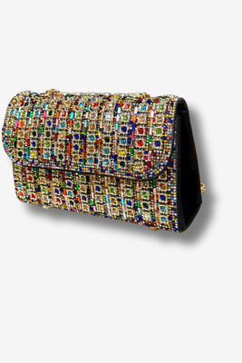 Torebka damska wizytowa w kolorowe cyrkonie na łańcuszku