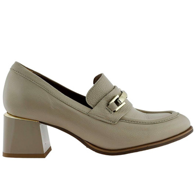 Beżowe półbuty damskie skórzane na obcasie Lemar