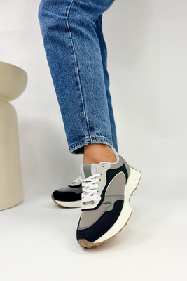 Buty sportowe czarno szare z ekoskóry i materiału sznurowane