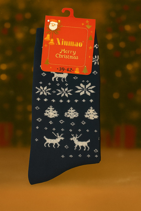Skarpetki uniwersalne z motywem choinek i reniferów granatowe