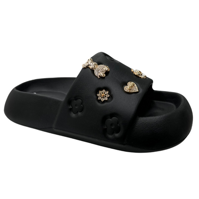 Piankowe klapki czarne z aplikacjami