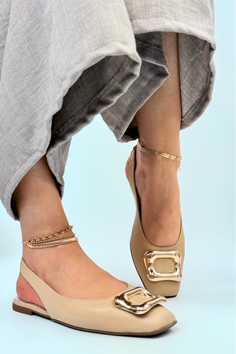 Beżowe baleriny skórzane z ozdobą i odkrytą piętą Venezia