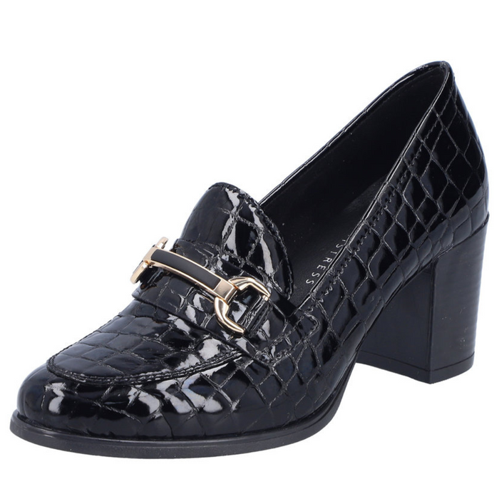 Półbuty skórzane lakierowane na słupku wsuwane czarne Rieker