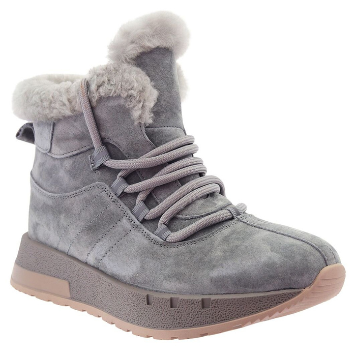 Чоботи сірі замшеві, підбиті хутром, на шнурівці на блискавці