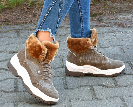 SNEAKERSY Xti 44444 BRĄZOWE ZE SZTUCZNYM FUTERKIEM PRZY CHOLEWCE