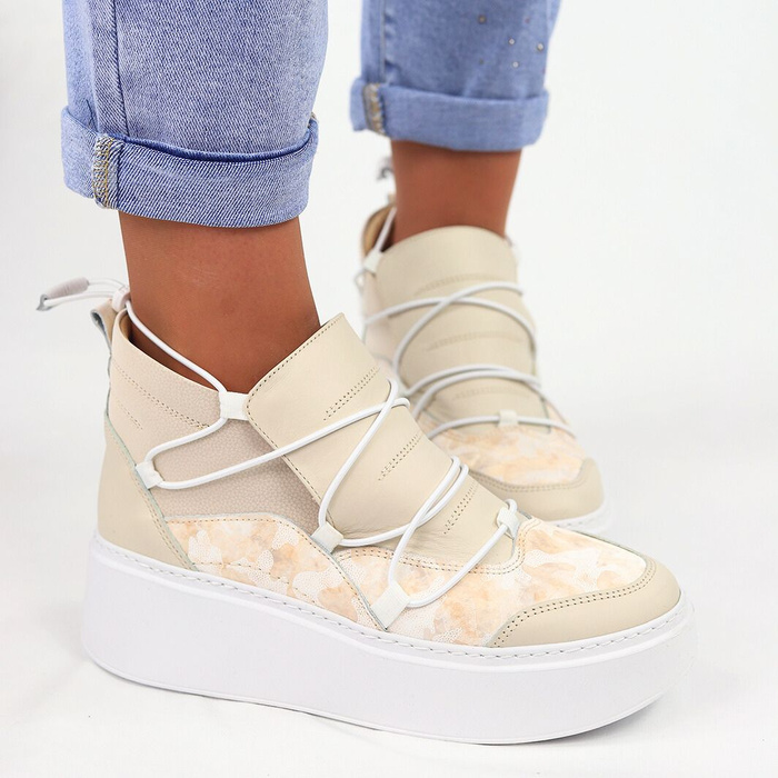 Sneakersy skórzane wysokie na grubej platformie beżowe Nobo