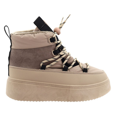 Botki zimowe na grubej platformie sznurowane w kolorze beżowym