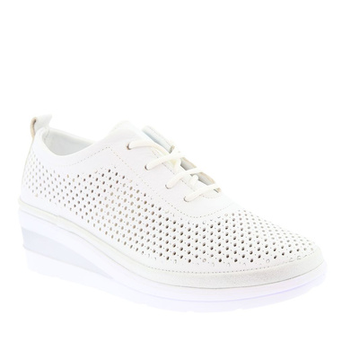 Półbuty skórzane białe ażurowe na koturnie sznurowane