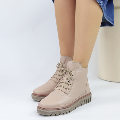 Trzewiki skórzane na niskiej platformie ciemno beżowe sznurowane