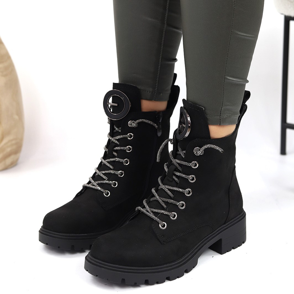 Чорні замшеві робочі на шнурівці на блискавці