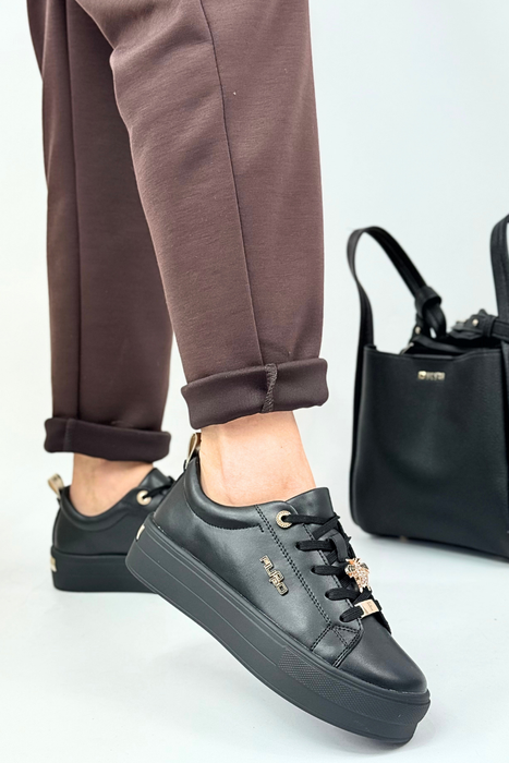 Półbuty czarne skórzane na platformie z ozdobą Filippo