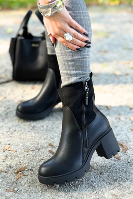 Botki damskie czarne na słupku z ekoskóry i zamszu