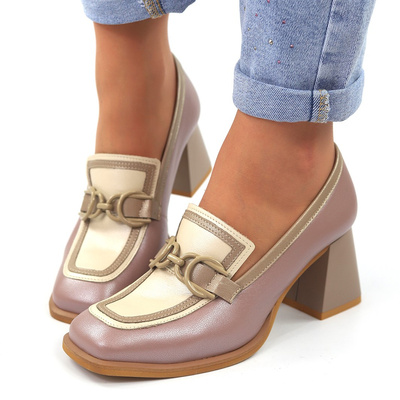 Półbuty skórzane na słupku z klamerką ecri Kordel