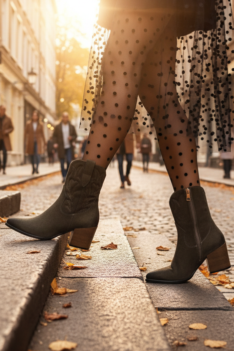 Жіночі замшеві ковбойські чоботи кольору хакі на високих підборах