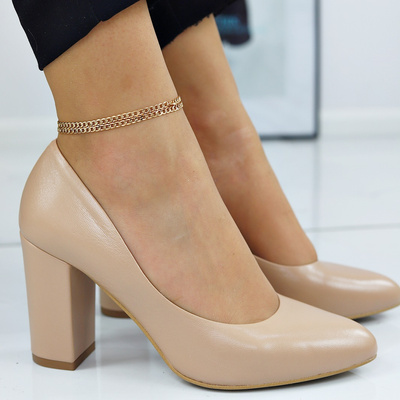 Kobiece czółenka karmelowe skórzane na słupku Kaniowski