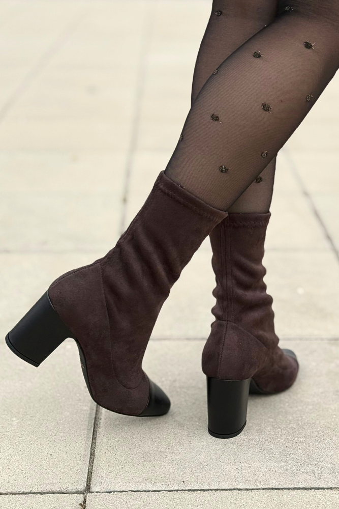 Ryłko botki damskie welurowo skórzane wsuwane na obcasie
