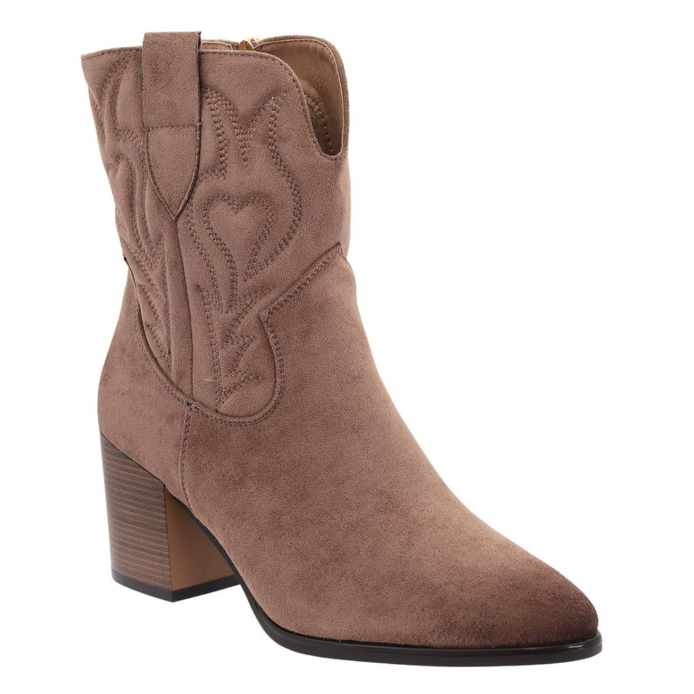 Ciemno beżowe botki damskie na obcasie z przyciemnianym noskiem