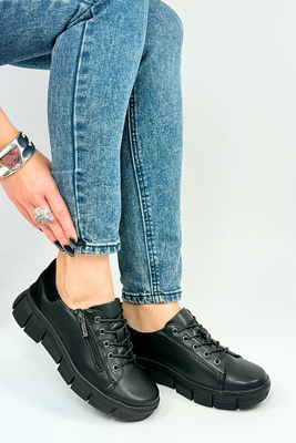 Półbuty skórzane czarne sznurowane z zamkiem na platformie 