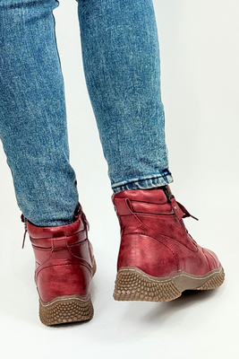 Bordowe botki ocieplane płaskie sznurowane z zamkiem 