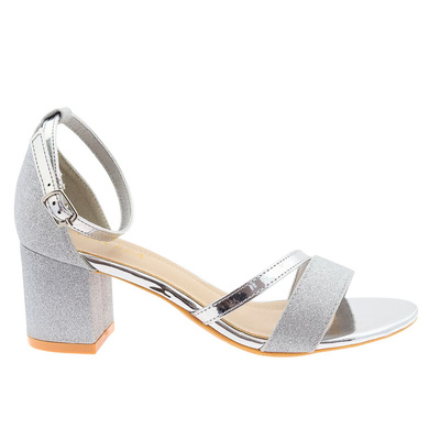 Eleganckie sandały srebrne brokatowe na klocku