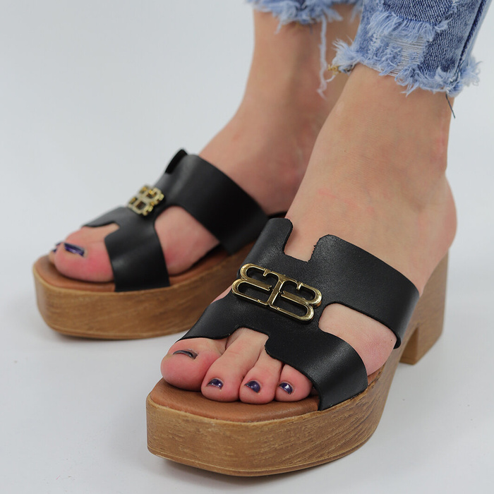 Чорно-золоті шкіряні шльопанці на високому каблуці Lemar