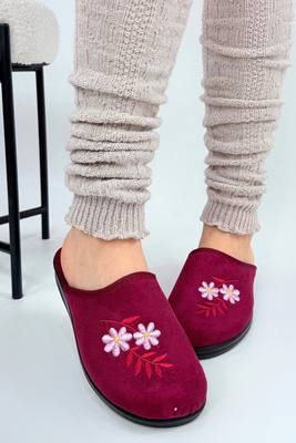 Kapcie damskie miękkie z haftem wsuwane bordowe