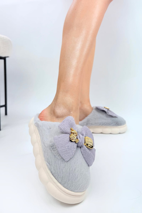 Kapcie damskie zimowe z kokardą wsuwane płaskie w kolorze szarym