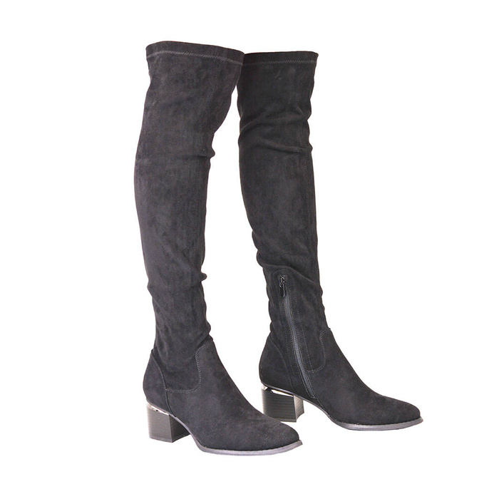 Kozaki czarne Evento zamszowe długie na obcasie wsuwane