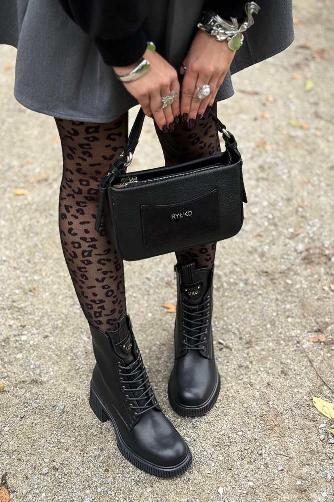 Czarne botki skórzane ocieplane sznurowane z zamkiem