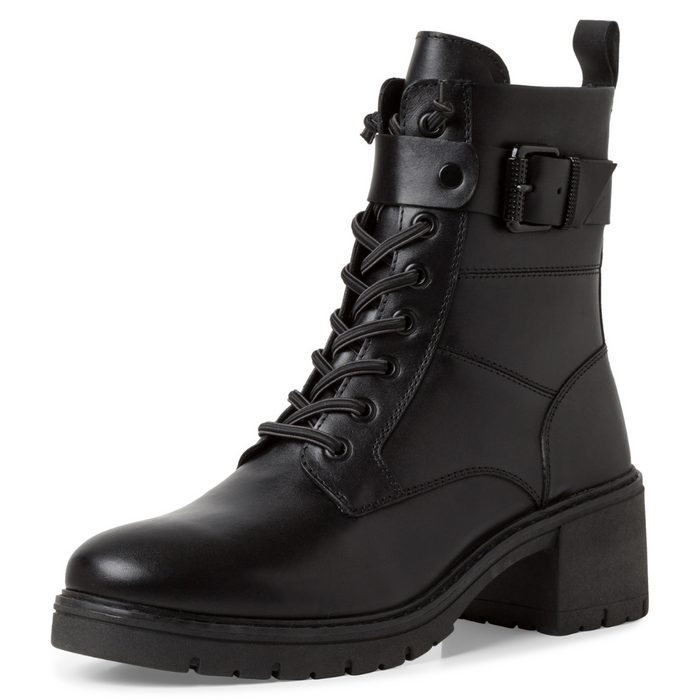 Modne skórzane botki czarne sznurowane z klamerką Marco Tozzi