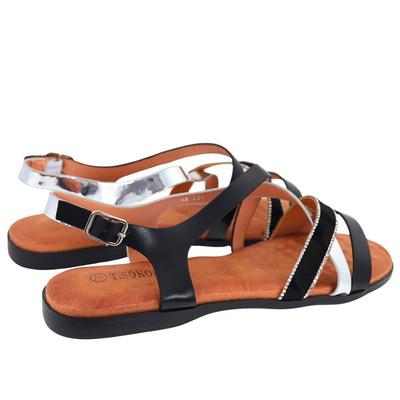 Чорні босоніжки на плоскій підошві з ремінцями T. Sokolski