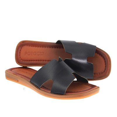 Skórzane klapki czarne płaskie Potocki