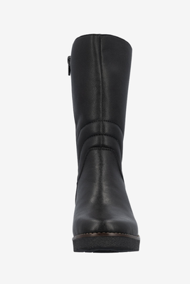 Botki damskie skórzane z wyższym stanem na koturnie czarne 