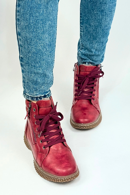 Bordowe botki ocieplane płaskie sznurowane z zamkiem 