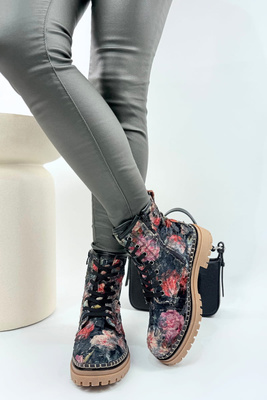 Botki damskie skórzane w kwiaty multicolor