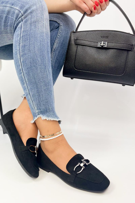 Чорні замшеві мокасини з декором, сліпони плоскі