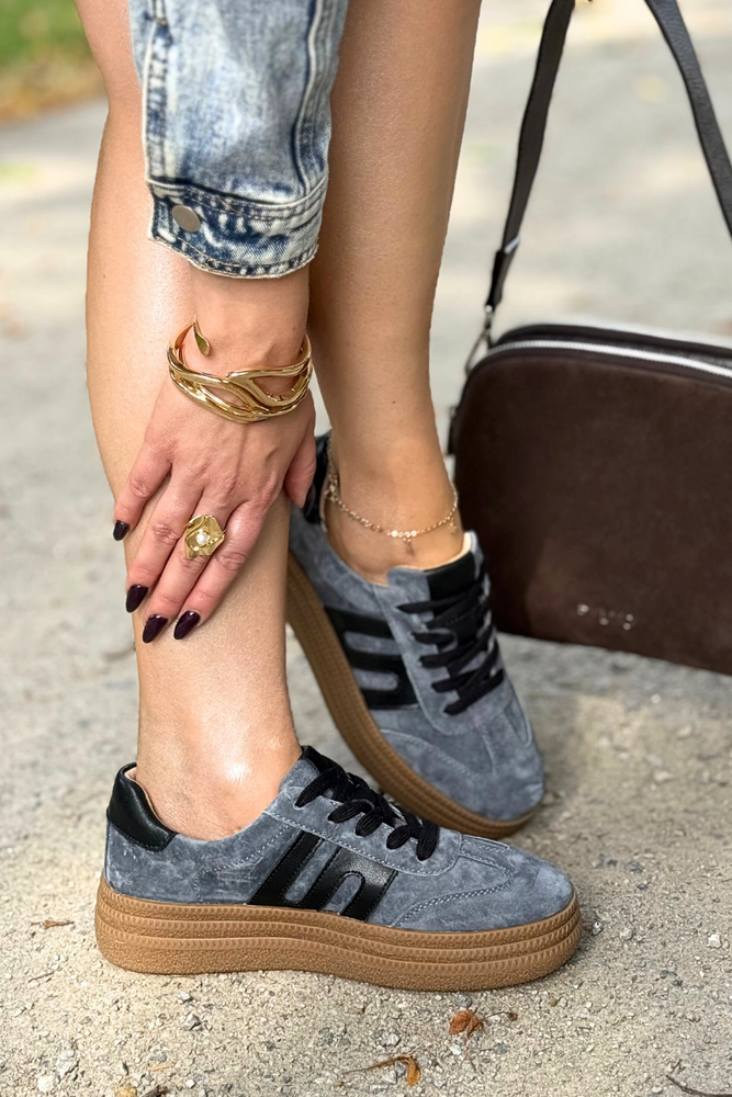 Niebieskie skórzane sneakersy zamszowe na platformie Filippo