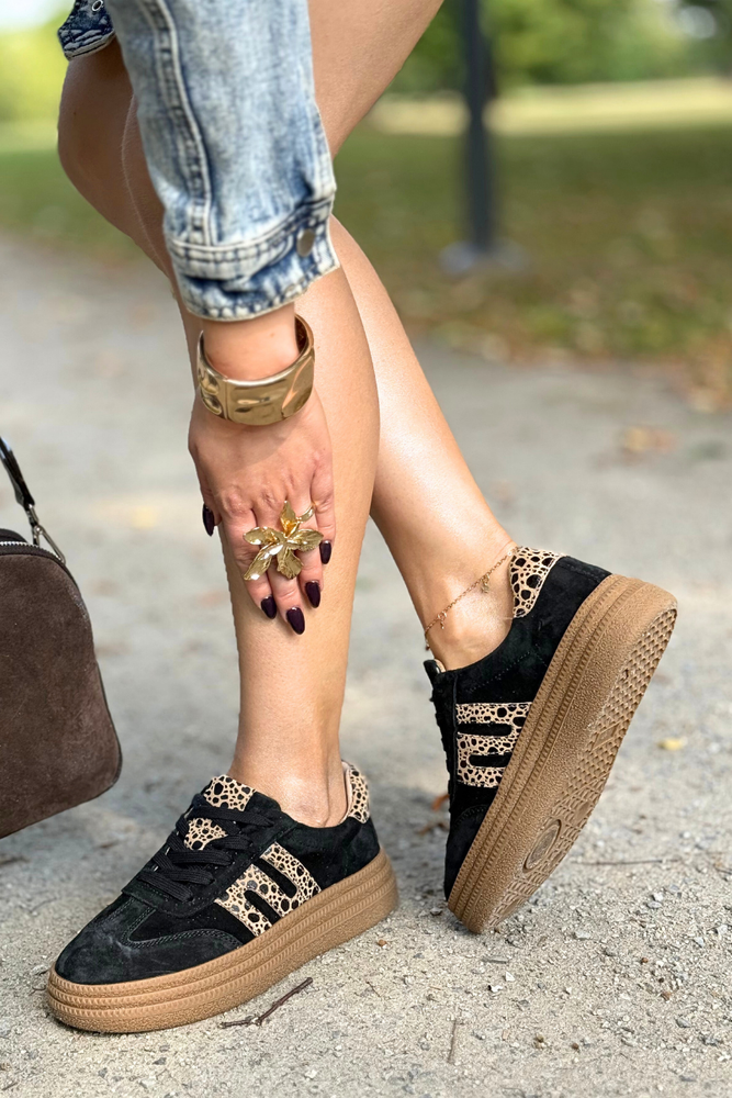 Sneakersy damskie czarne ze skóry zamszowej z panterkowym wzorem Filippo