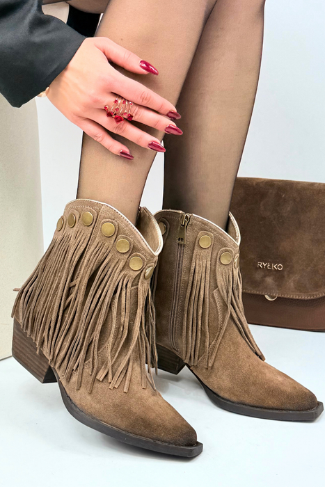 Botki kowbojki damskie skórzane z frędzlami brązowe