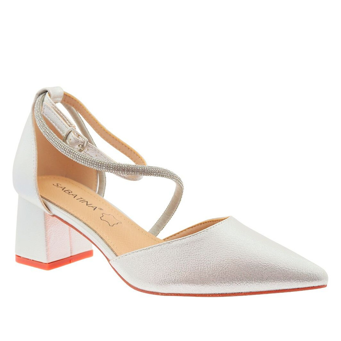 Damskie czółenka srebrne na klocku z paskiem w cyrkonie Sabatina