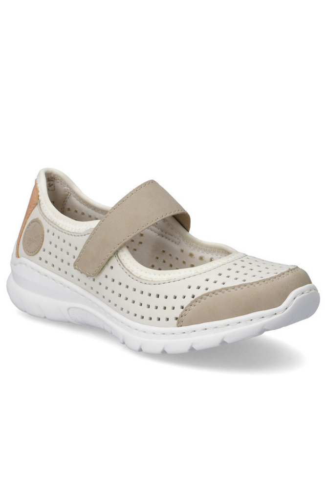 Półbuty damskie na rzep biało beżowe perforowane Rieker