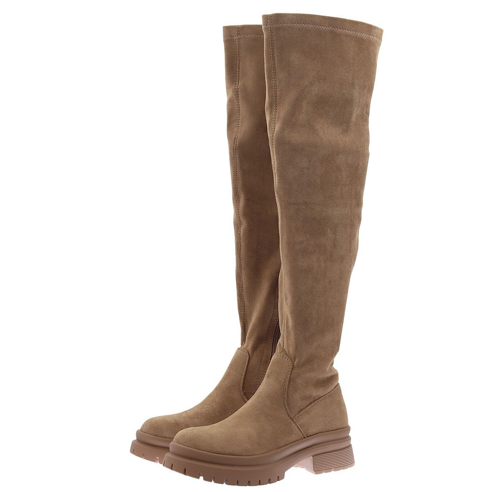 Kozaki zamszowe khaki za kolano na masywnej podeszwie